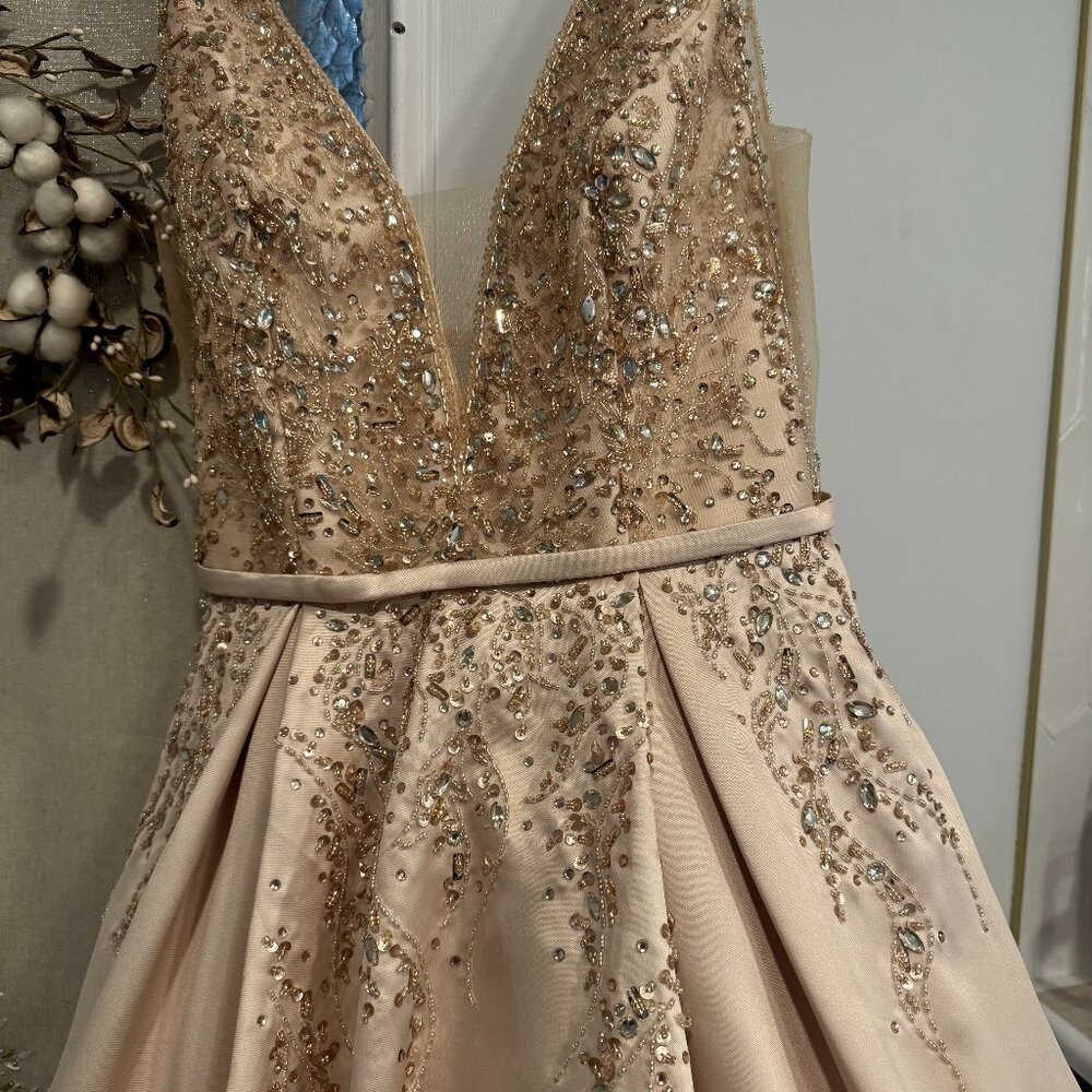 Gold Plunging Beaded Mikado Box Pleated Ballgown Size 10  ( Camille Lavie) - Picture 7 of 12